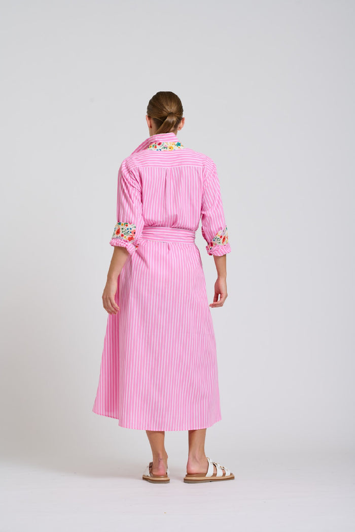 Luna Longline Dress | Pink Stripe Floral Trim