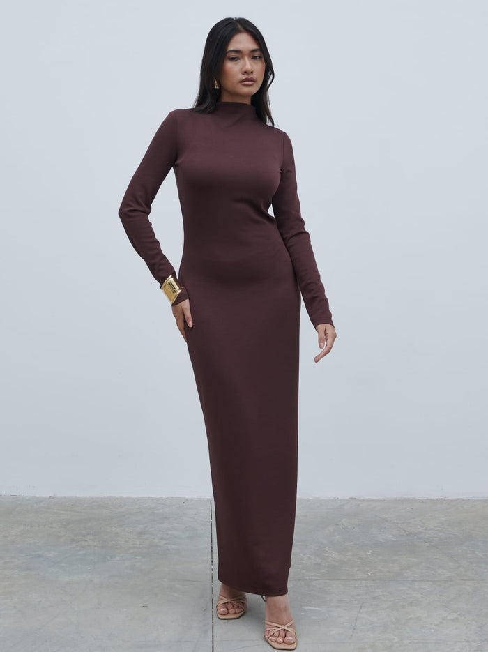 Candy Is 5'6" & Wears Size UK 8|Mabel High Neck Jersey Maxi Dress - Brown
