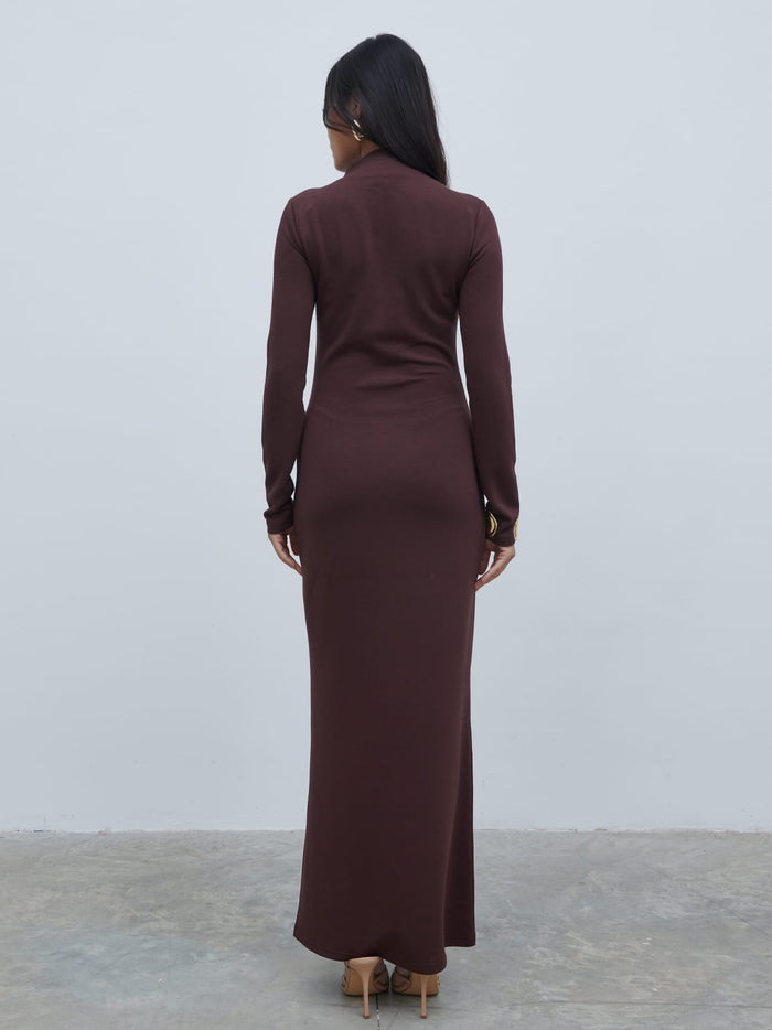 Candy Is 5'6" & Wears Size UK 8|Mabel High Neck Jersey Maxi Dress - Brown