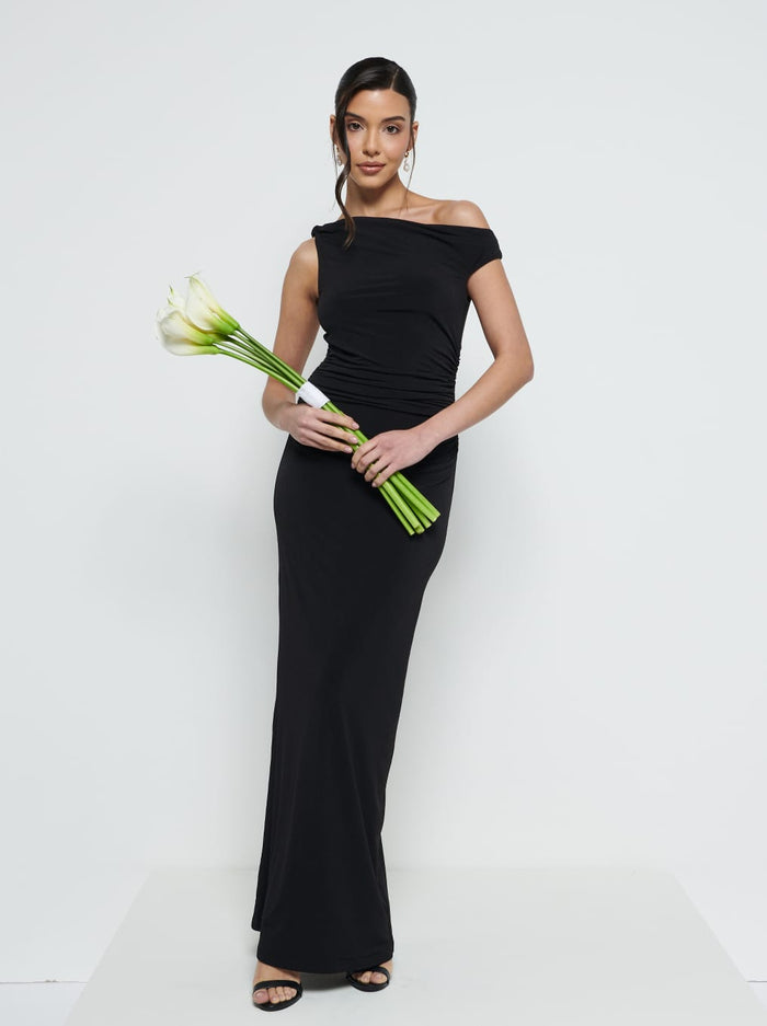 Marina Is 5'7.5" & Wears Size UK 8|Mackenzie One Shoulder Jersey Bridesmaid Dress - Black