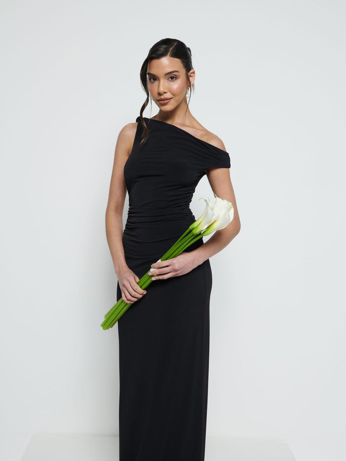 Marina Is 5'7.5" & Wears Size UK 8|Mackenzie One Shoulder Jersey Bridesmaid Dress - Black