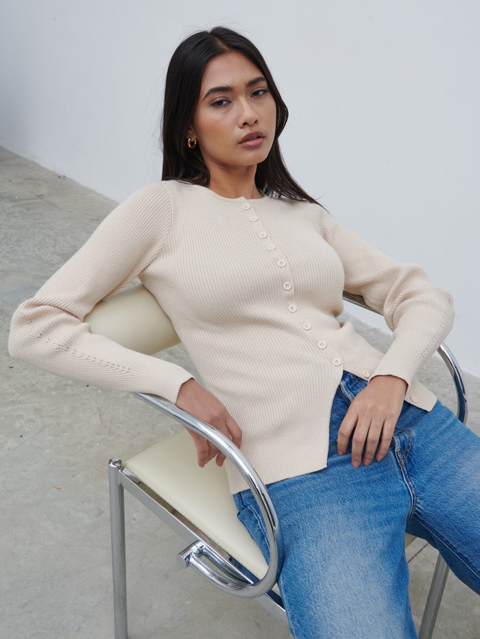 Candy Is 5'6" & Wears Size UK S|Maple Fitted Knit Cardigan - Light Beige