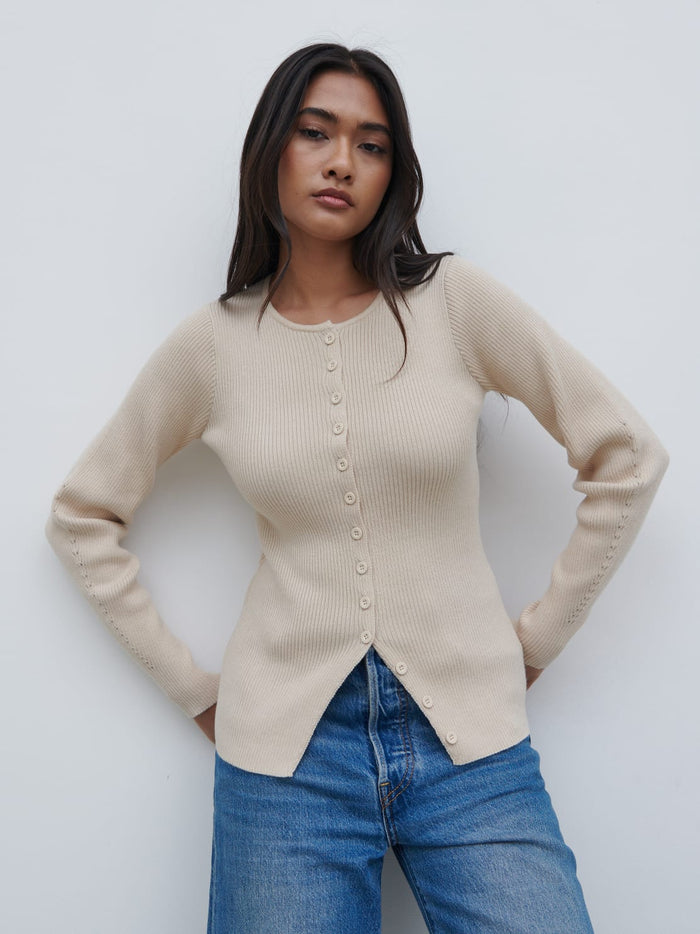Candy Is 5'6" & Wears Size UK S|Maple Fitted Knit Cardigan - Light Beige