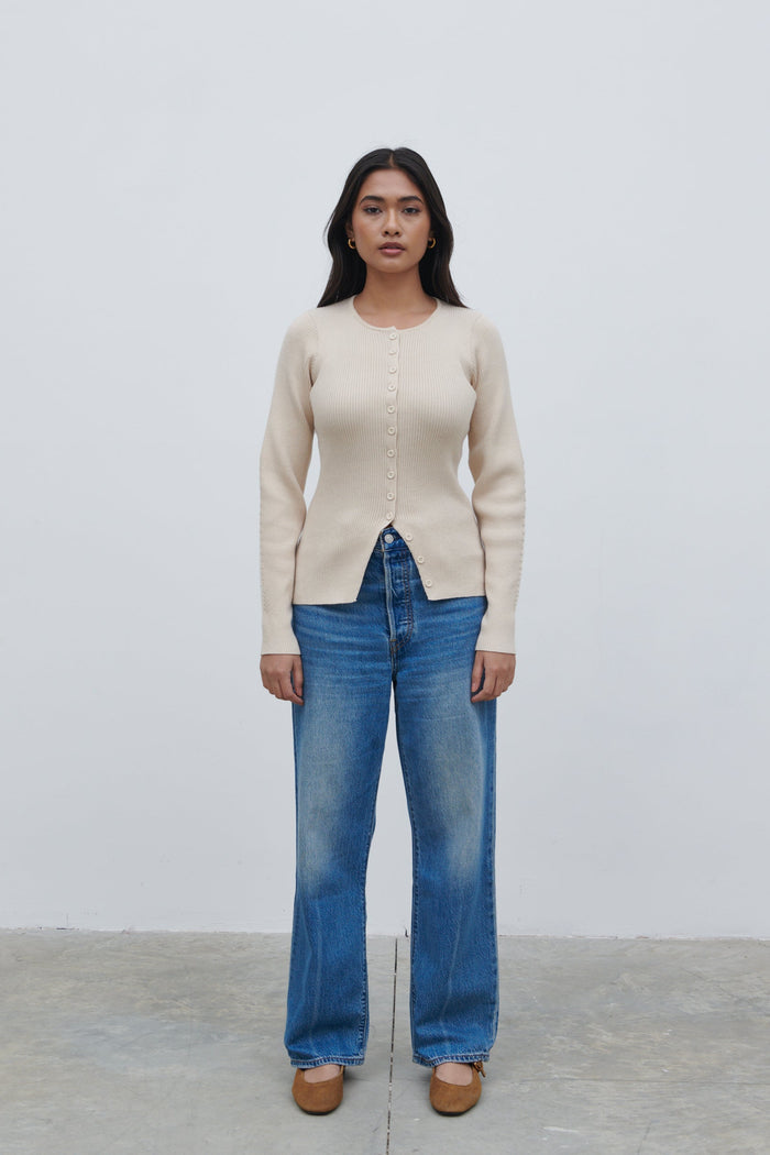 Candy Is 5'6" & Wears Size UK S|Maple Fitted Knit Cardigan - Light Beige