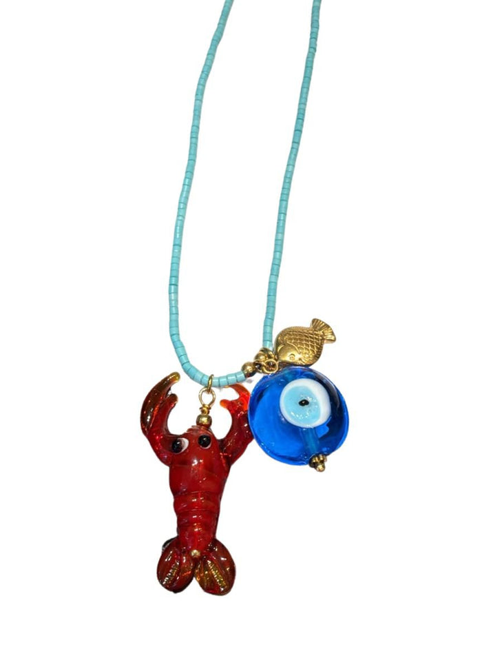 The Fashion Desk Mare Lobster Evil Eye Beaded Necklace Turquoise O/S Apoella