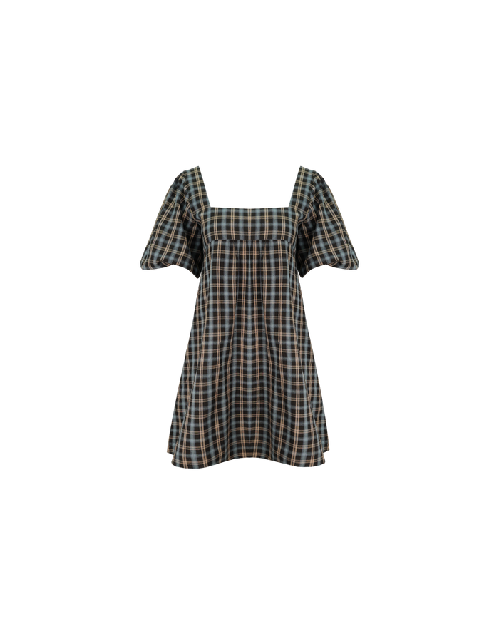 MARGIE PUFF SLEEVE MINI DRESS BLACK TARTAN