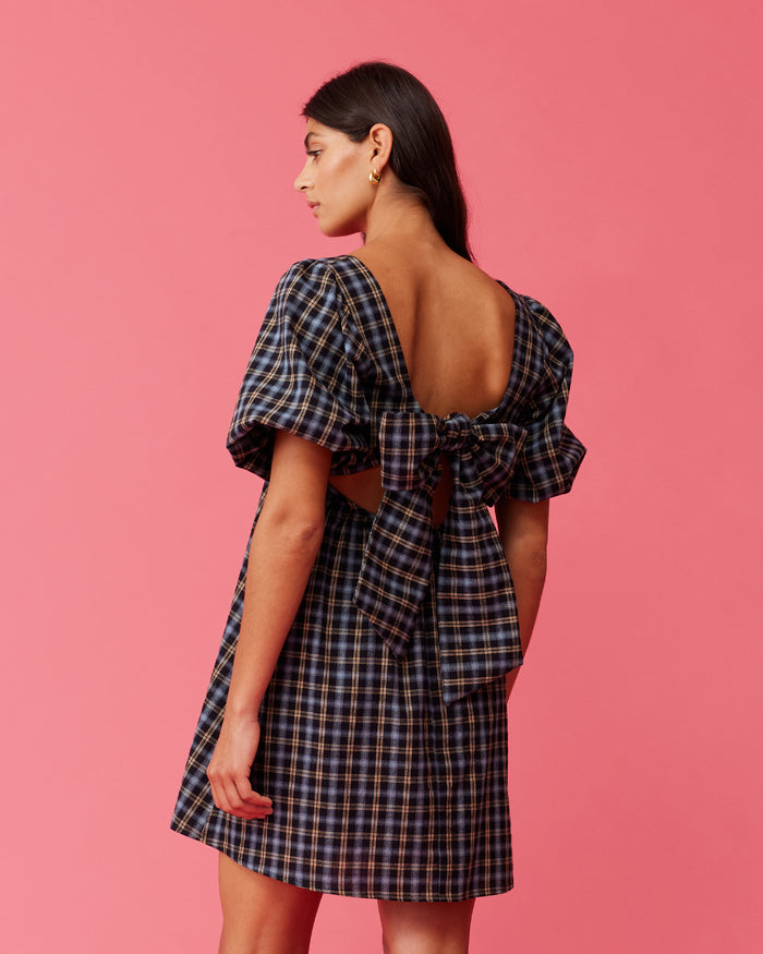 MARGIE PUFF SLEEVE MINI DRESS BLACK TARTAN