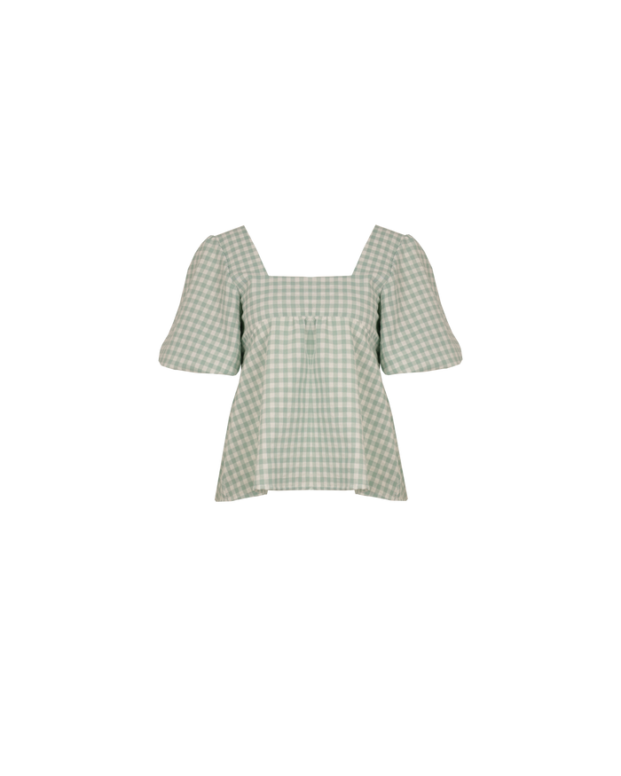MARGIE TIE-BACK BLOUSE SAGE GINGHAM