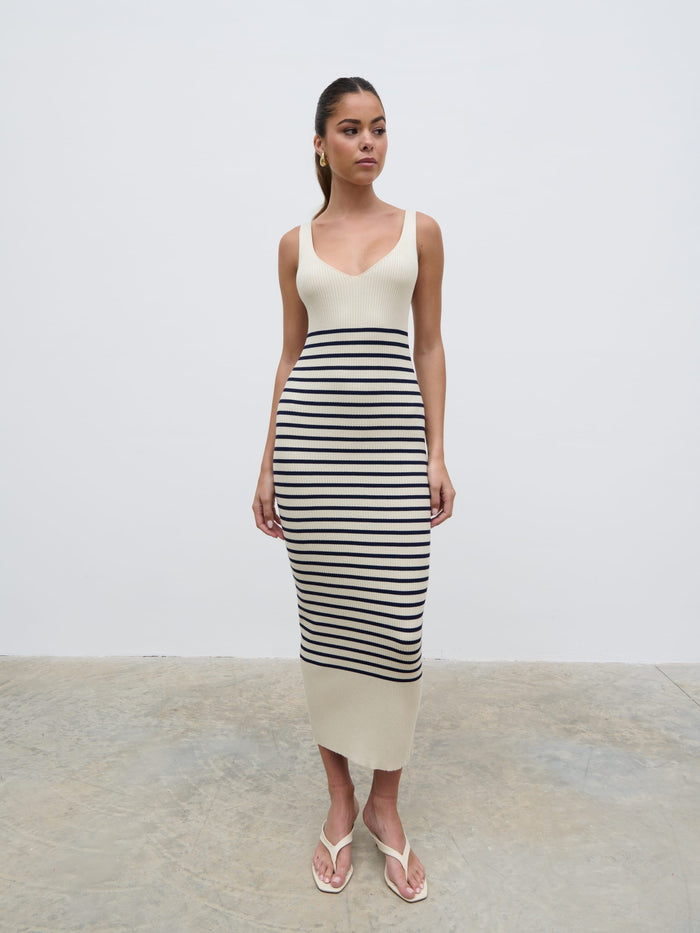 Elissa Is 5'8.5" & Wears Size UK 8|Maria Stripe Knit Midaxi Dress - Cream and Navy