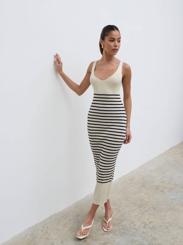 Elissa Is 5'8.5" & Wears Size UK 8|Maria Stripe Knit Midaxi Dress - Cream and Navy