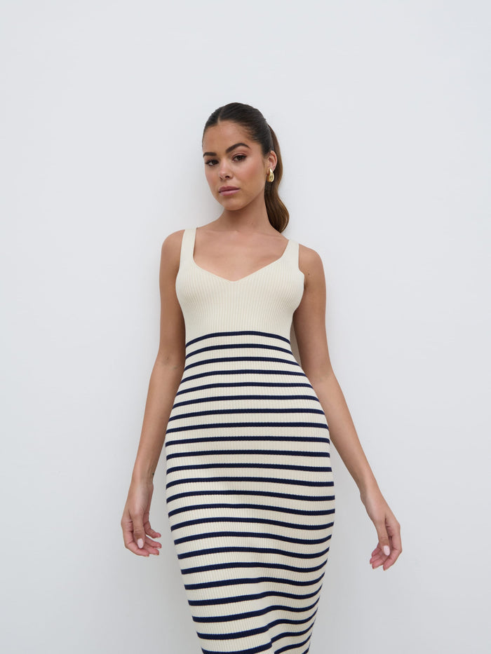 Elissa Is 5'8.5" & Wears Size UK 8|Maria Stripe Knit Midaxi Dress - Cream and Navy