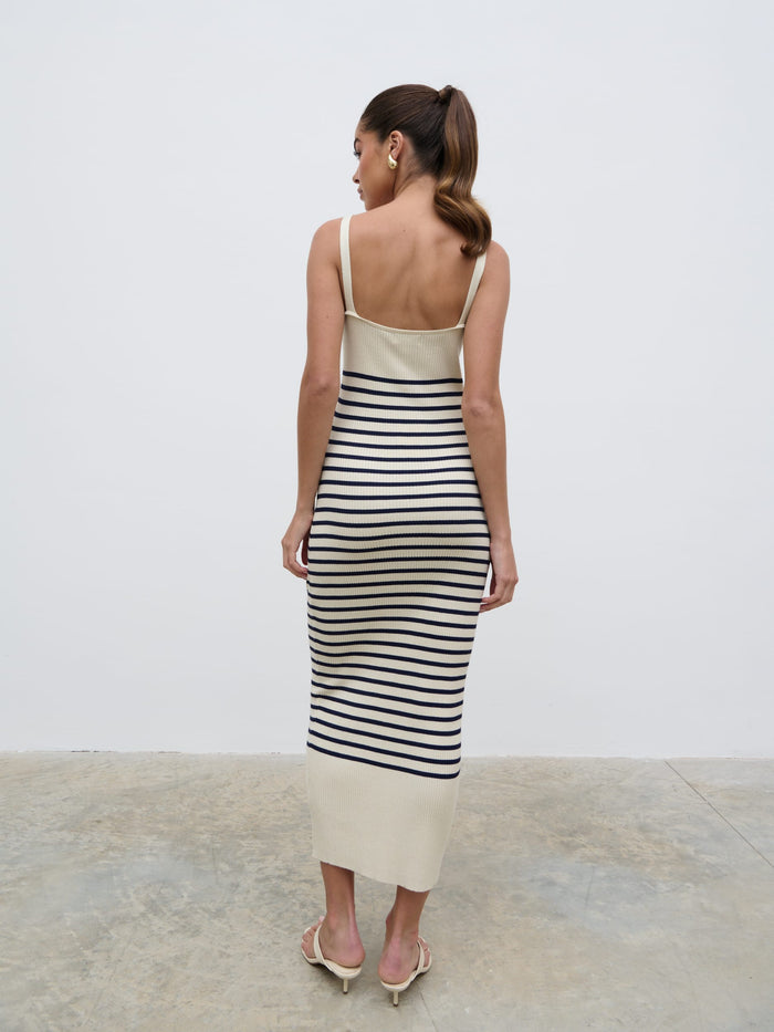 Elissa Is 5'8.5" & Wears Size UK 8|Maria Stripe Knit Midaxi Dress - Cream and Navy