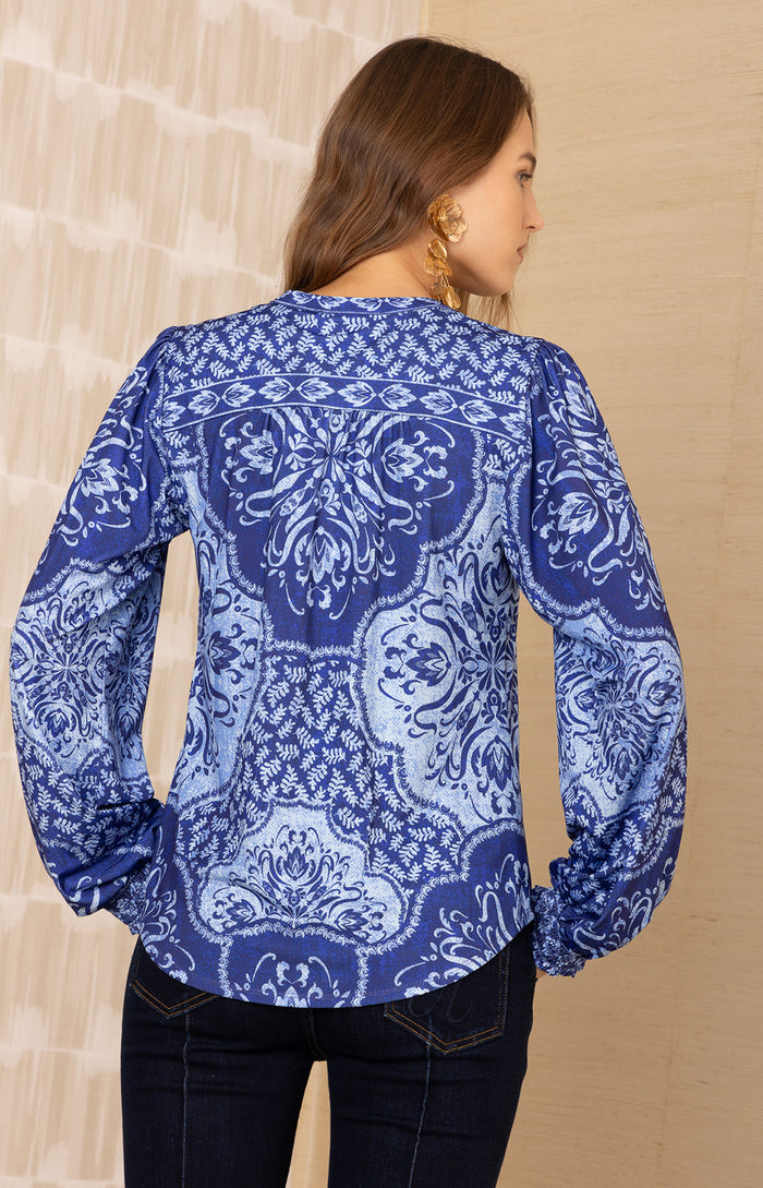 Marianna Silk Top, color-Navy