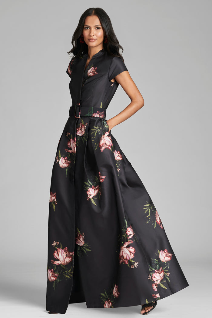 MARTA BLACK FLORAL MIKADO BALL GOWN