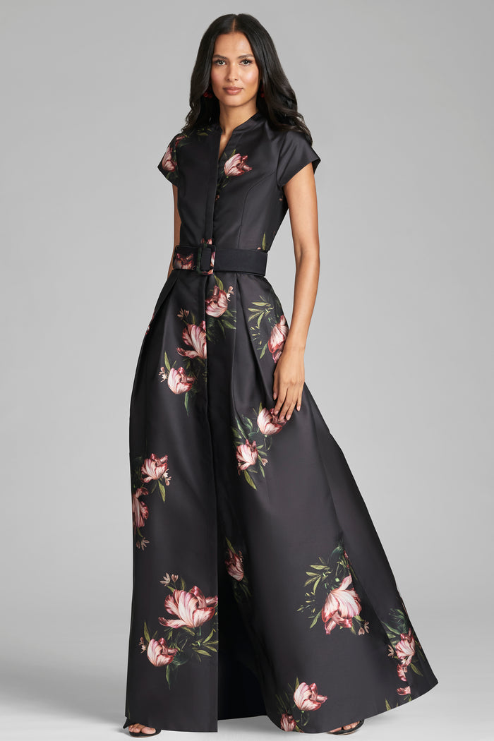 MARTA BLACK FLORAL MIKADO BALL GOWN