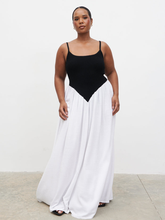 Steffy is 5'7" & Wears Size UK 18|Maude Shirred Contrast Maxi Dress Curve - Black and Cream