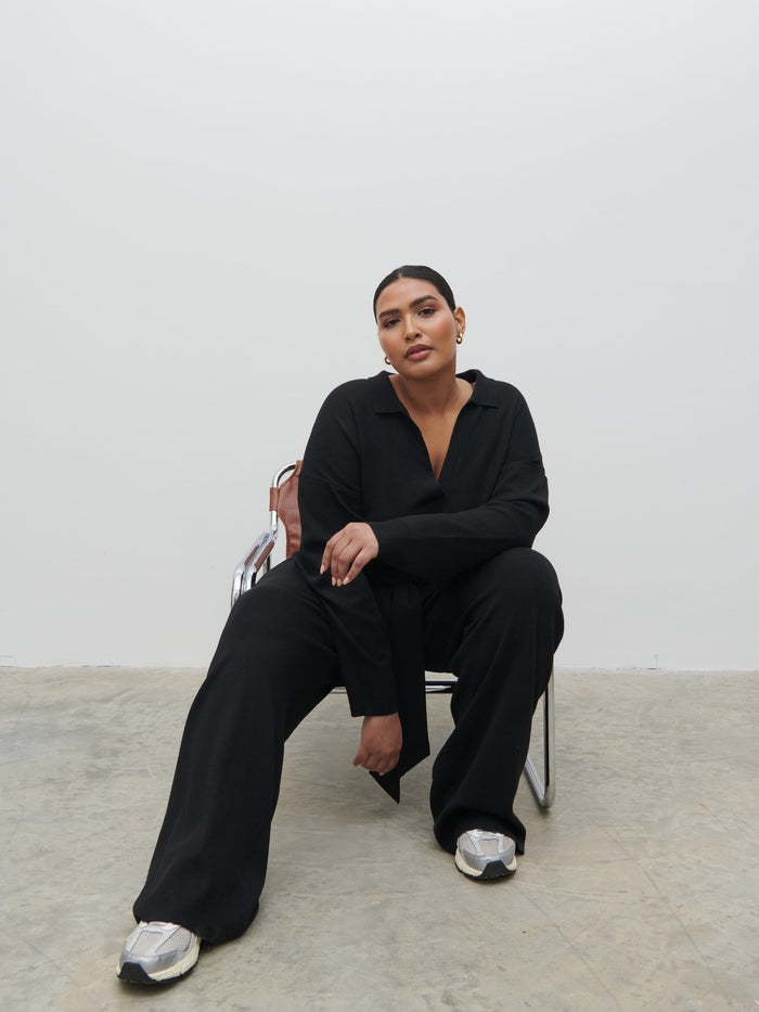 Souki Is 5'8" & Wears Size UK XL|Meg Belted Knit Jumpsuit Curve - Black