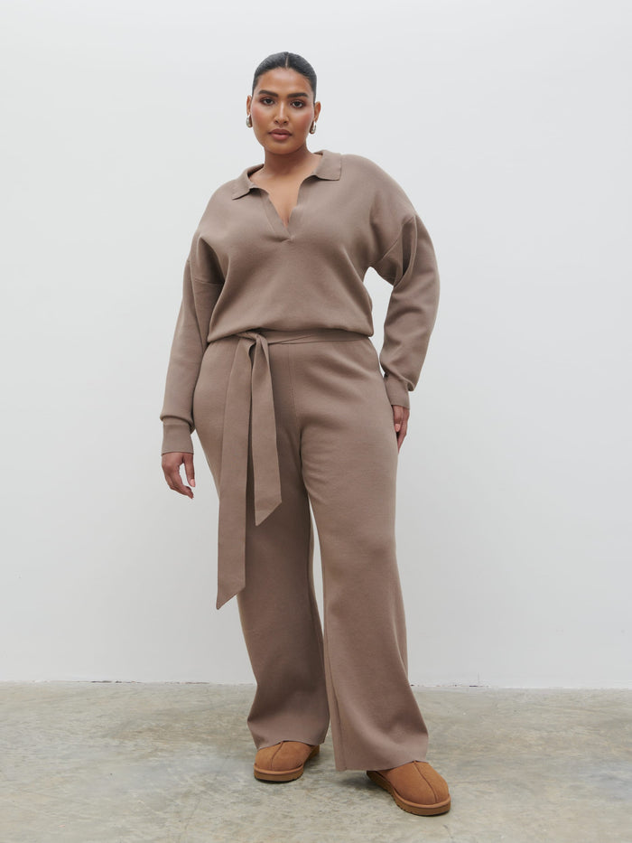 Souki Is 5'8" & Wears Size UK XL|Meg Belted Knit Jumpsuit Curve - Taupe