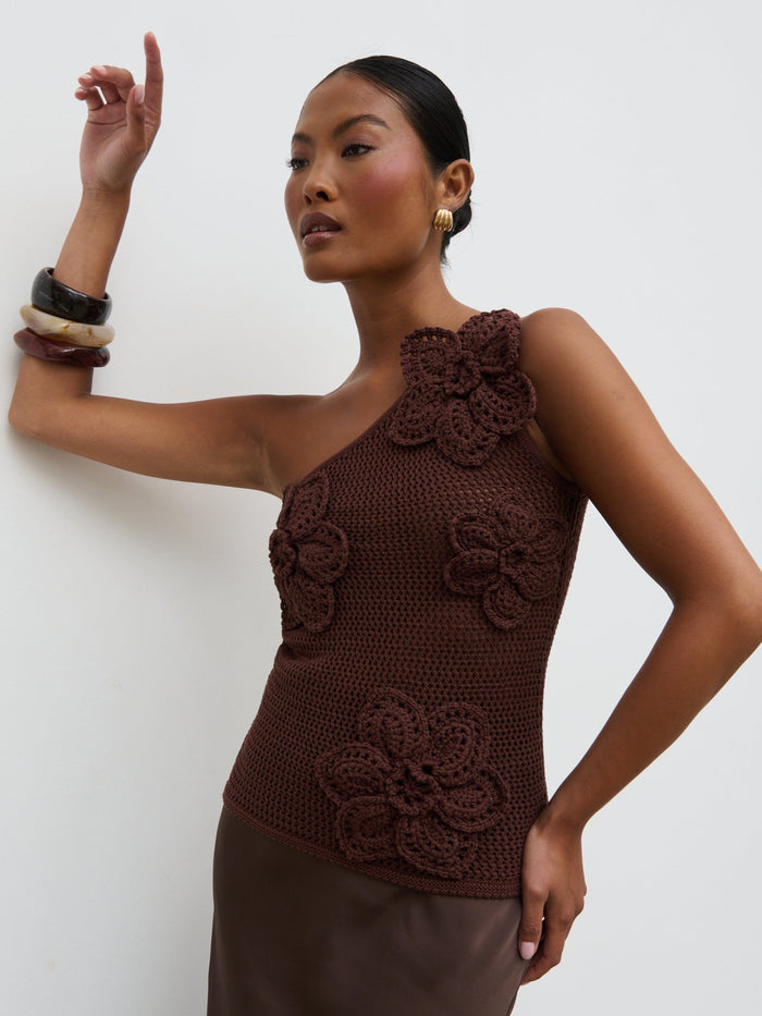 Elle Is 5'3" & Wears Size UK XS|Megan Crochet Flower Knit Top - Brown