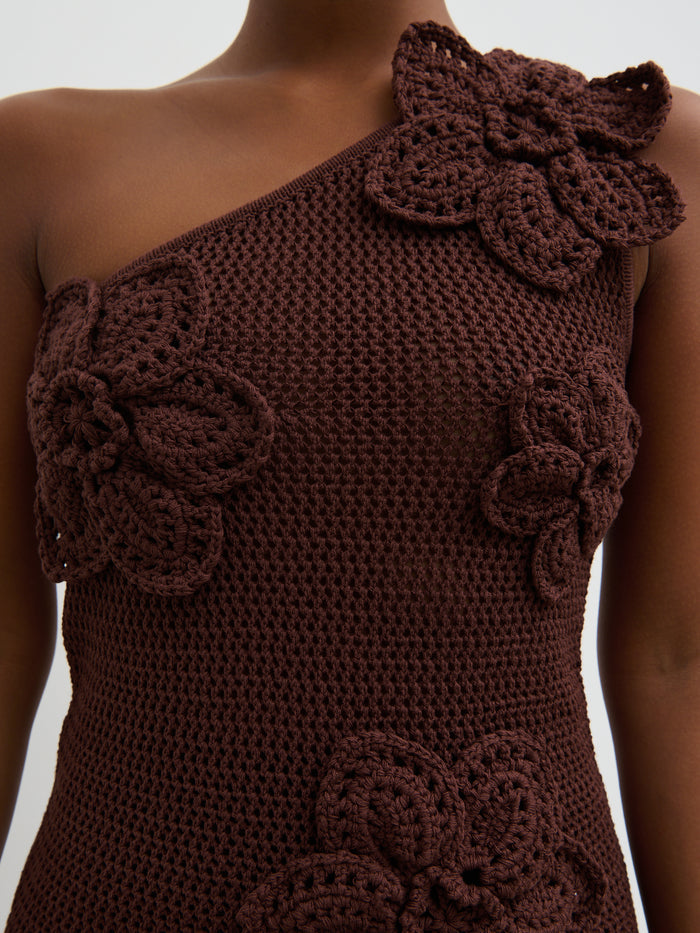 Elle Is 5'3" & Wears Size UK XS|Megan Crochet Flower Knit Top - Brown
