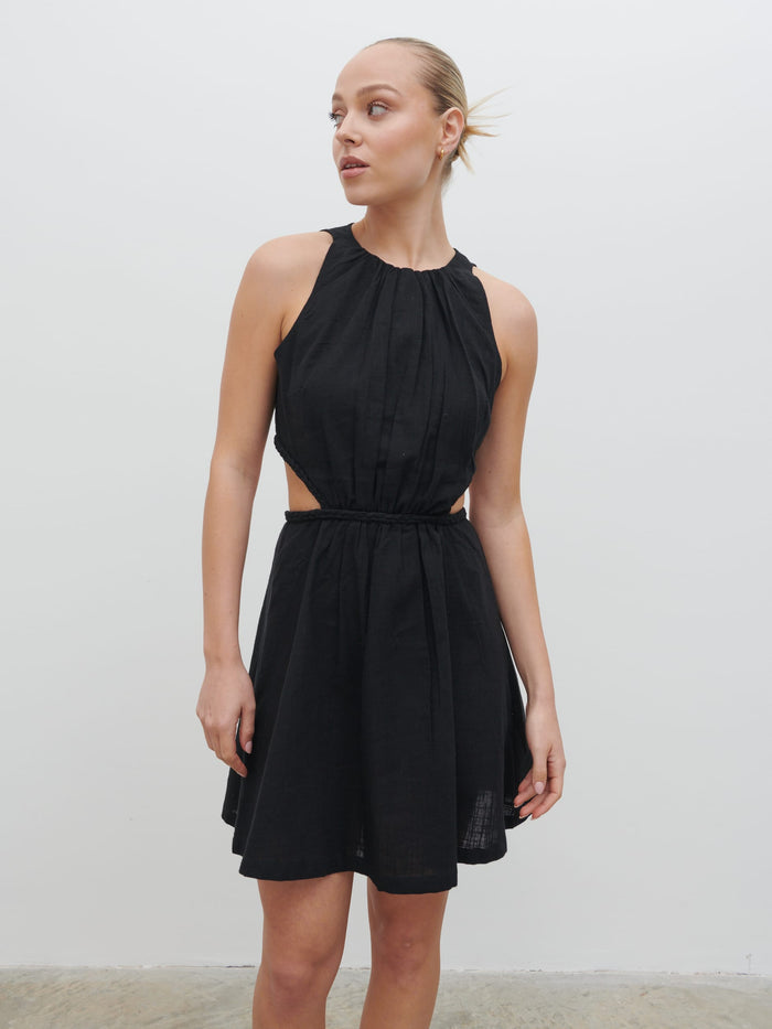 Noor Is 5'8.5" & Wears Size UK 8|Melody Cut Out Mini Dress - Black