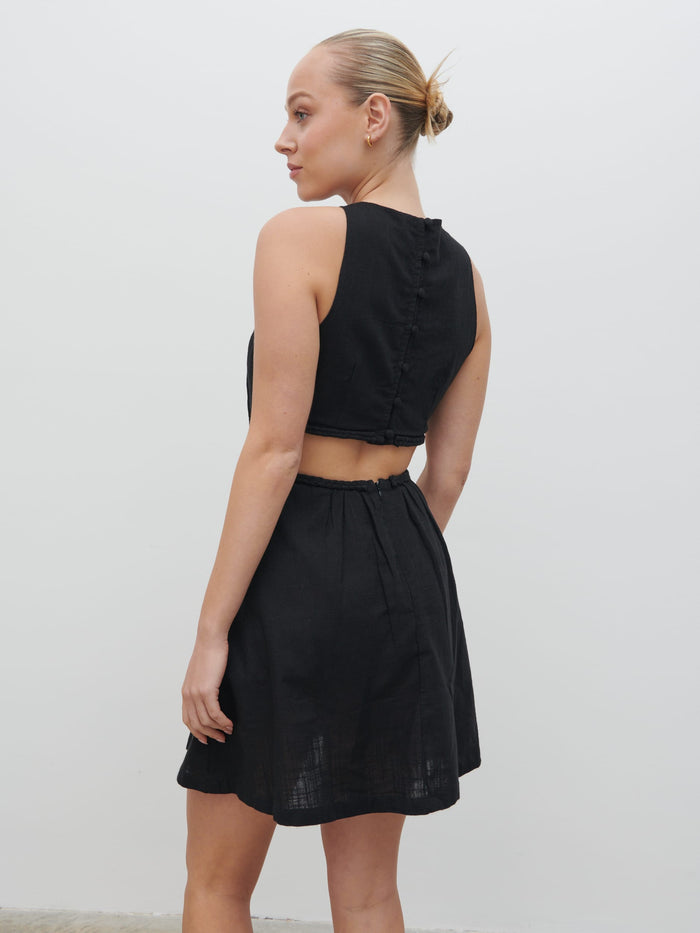 Noor Is 5'8.5" & Wears Size UK 8|Melody Cut Out Mini Dress - Black