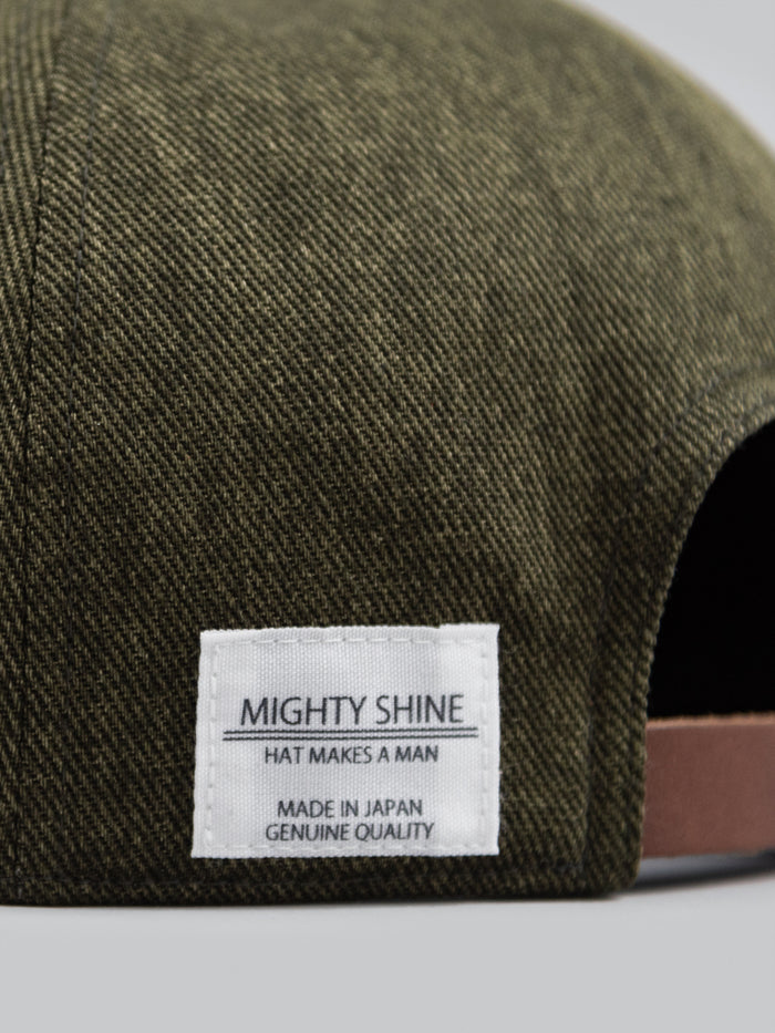 mighty shine flip cap c twill khaki brand label