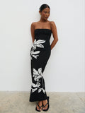 Elle Is 5'3" & Wears Size UK XS|Milena Floral Bandeau Knit Midaxi Dress - Black and Cream