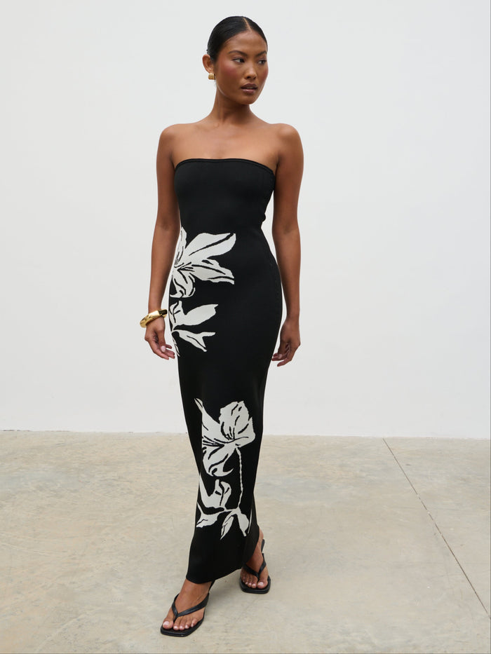 Elle Is 5'3" & Wears Size UK XS|Milena Floral Bandeau Knit Midaxi Dress - Black and Cream