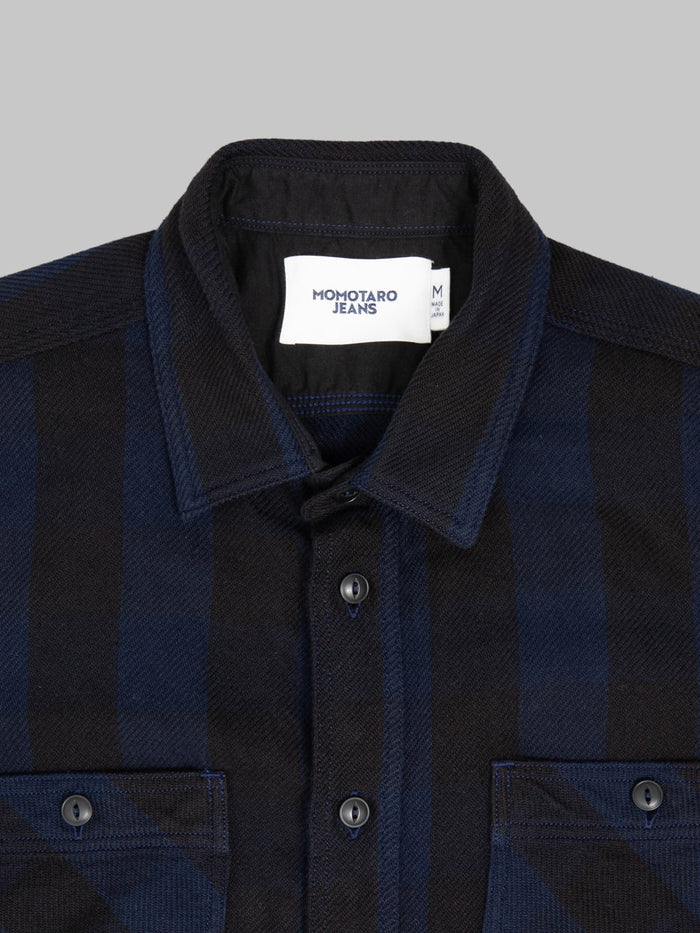Momotaro Jeans MMLS6002 Block Check Shirt Navy collar