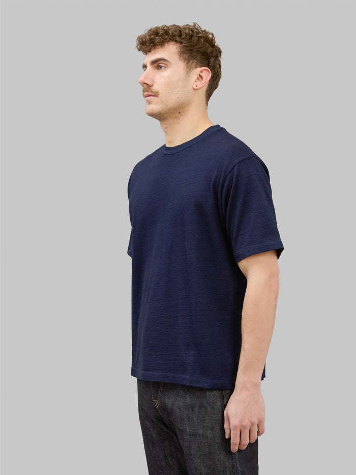 momotaro yarn dyed suvin gold cotton indigo tshirt side fit