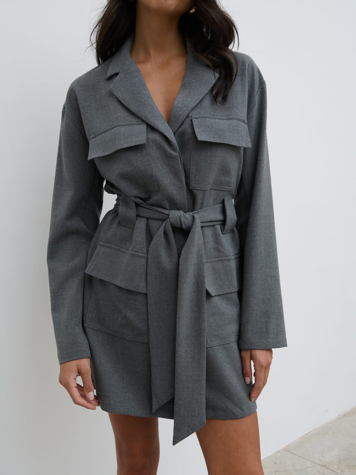 Taylor Is 5'9" & Wears Size UK 8|Morgan Tailored Cargo Mini Dress - Grey