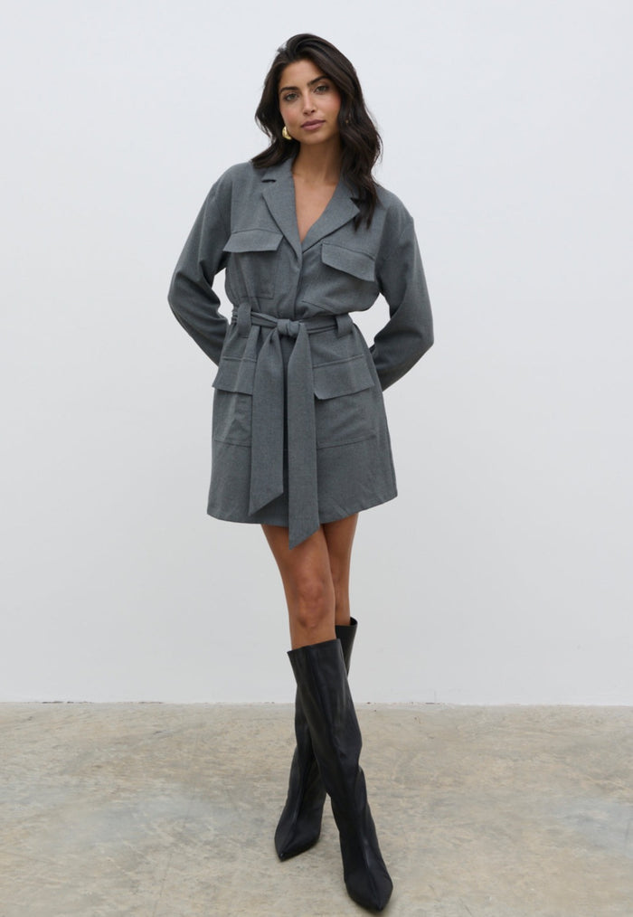 Taylor Is 5'9" & Wears Size UK 8|Morgan Tailored Cargo Mini Dress - Grey