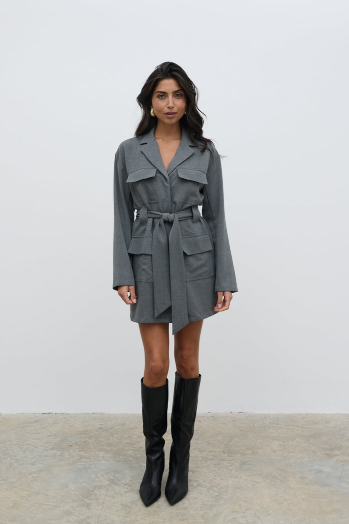 Taylor Is 5'9" & Wears Size UK 8|Morgan Tailored Cargo Mini Dress - Grey
