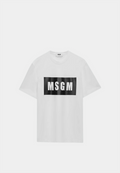 White MSGM cotton T-shirt with box logo, exclusive luxury lifestyle brand fashion.