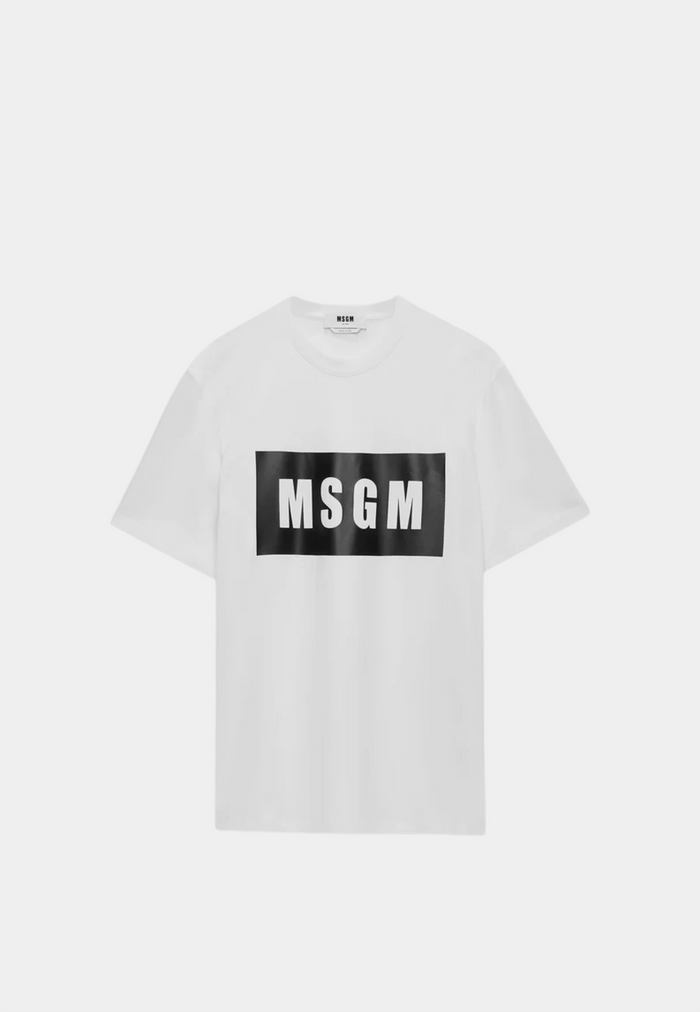 White MSGM cotton T-shirt with box logo, exclusive luxury lifestyle brand fashion.