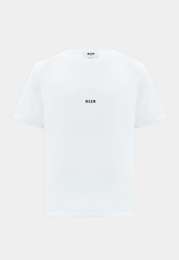 MSGM white jersey short-sleeve T-shirt with micro logo print, luxury fashion online shopping.