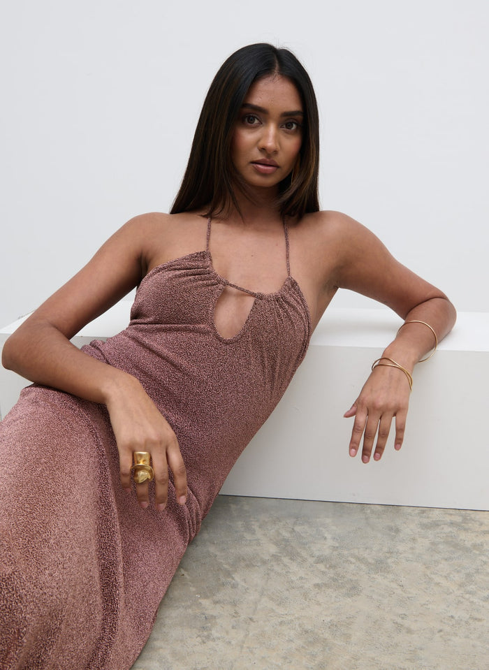 Sachi Is 5’7” & Wears Size UK 8|Myka Shimmer Jersey Slip Dress - Bronze Rose