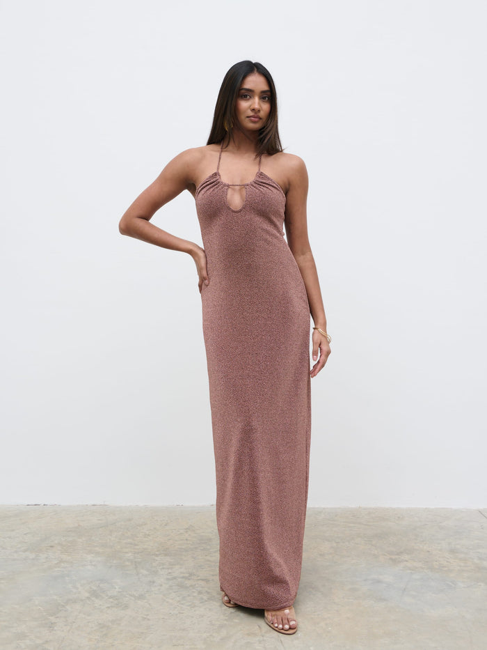 Sachi Is 5’7” & Wears Size UK 8|Myka Shimmer Jersey Slip Dress - Bronze Rose
