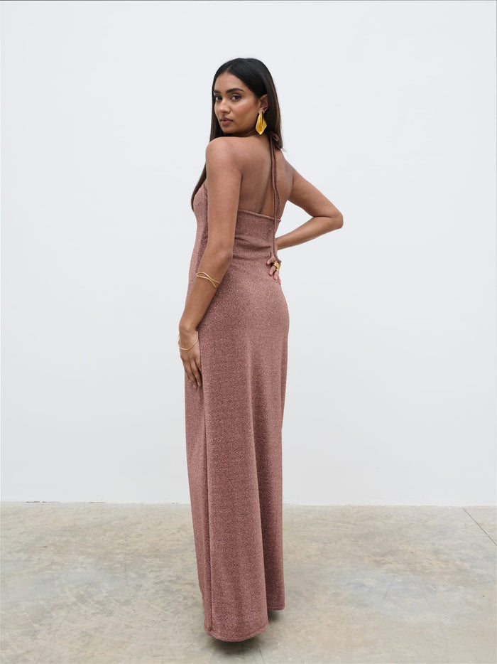 Sachi Is 5’7” & Wears Size UK 8|Myka Shimmer Jersey Slip Dress - Bronze Rose