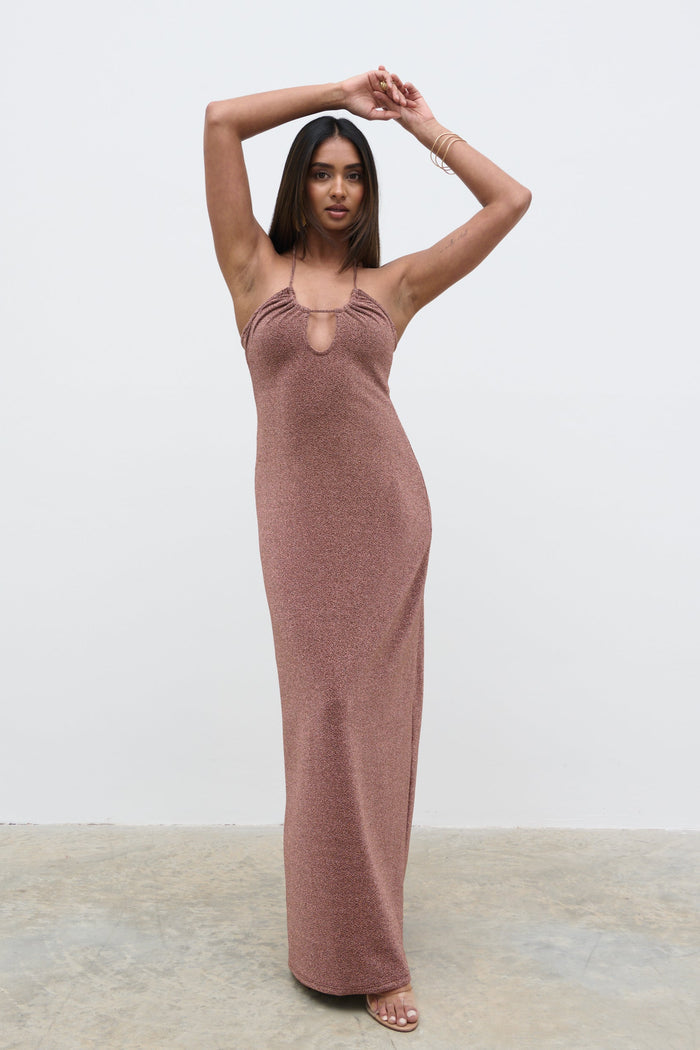 Sachi Is 5’7” & Wears Size UK 8|Myka Shimmer Jersey Slip Dress - Bronze Rose
