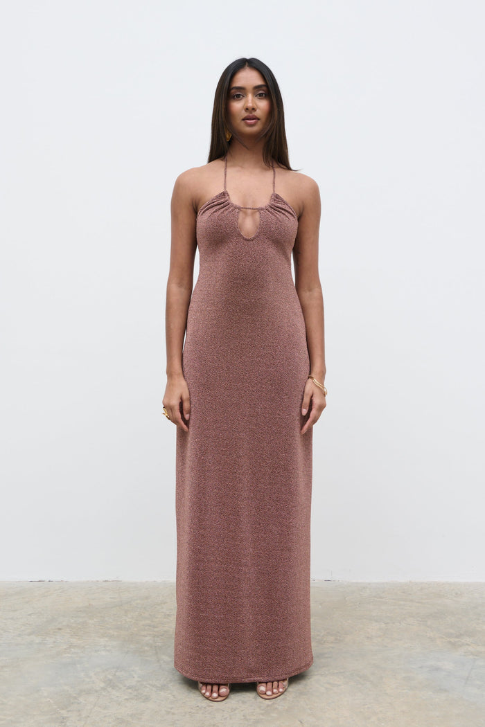 Sachi Is 5’7” & Wears Size UK 8|Myka Shimmer Jersey Slip Dress - Bronze Rose