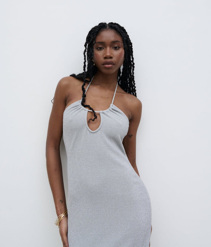 Shilloh Is 5'9" & Wears Size UK 8|Myka Shimmer Jersey Slip Dress - Silver