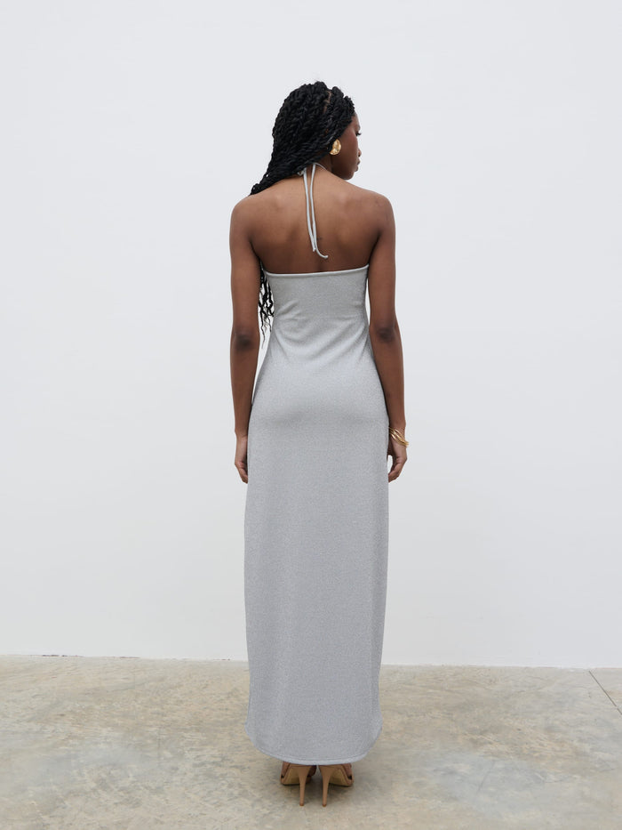 Shilloh Is 5'9" & Wears Size UK 8|Myka Shimmer Jersey Slip Dress - Silver