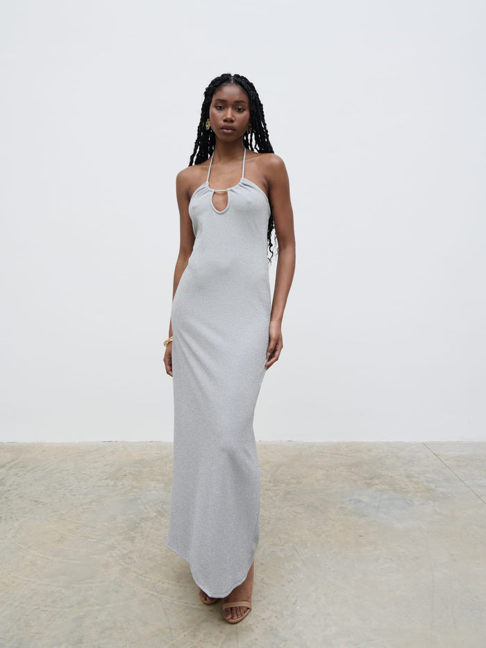 Shilloh Is 5'9" & Wears Size UK 8|Myka Shimmer Jersey Slip Dress - Silver
