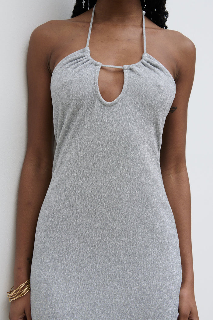 Shilloh Is 5'9" & Wears Size UK 8|Myka Shimmer Jersey Slip Dress - Silver