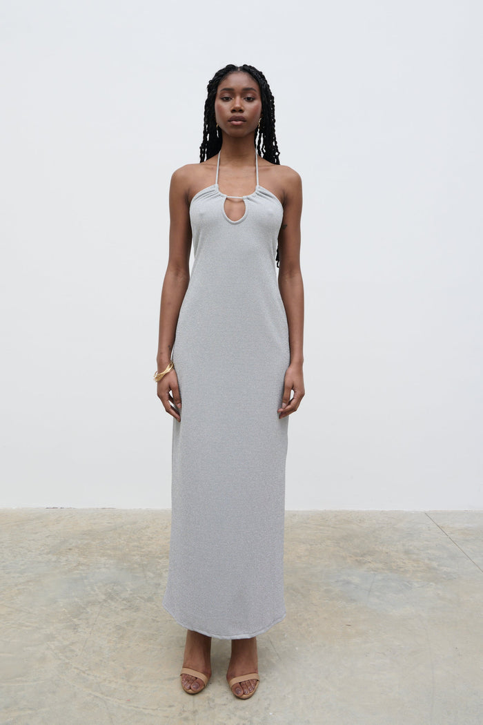 Shilloh Is 5'9" & Wears Size UK 8|Myka Shimmer Jersey Slip Dress - Silver