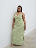 Souki Is 5'8" & Wears Size UK 18|Nadine Ruffle Maxi Dress Curve - Pistachio