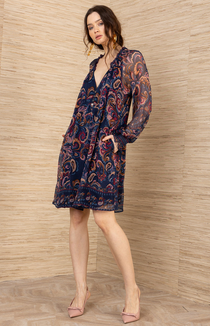 Nancy Silk Dress, color-Navy