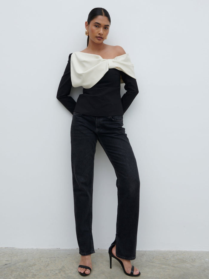 Candy Is 5'6" & Wears Size UK 8|Naomi Exaggerated Bow Top - Black and Cream